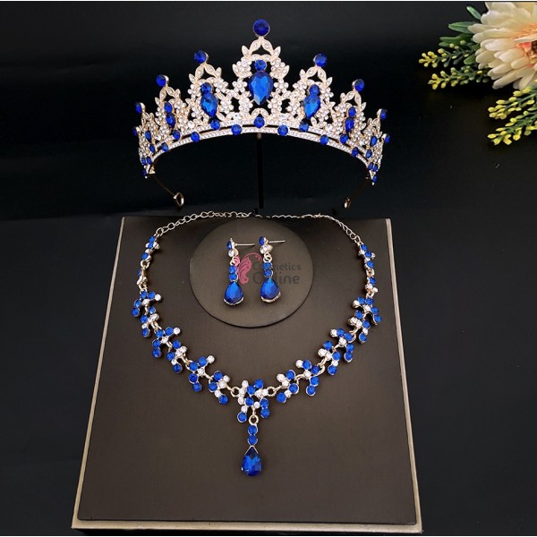 Coroana cu colier si cercei AS05NN Auriu cu cristale Albastre Indigo